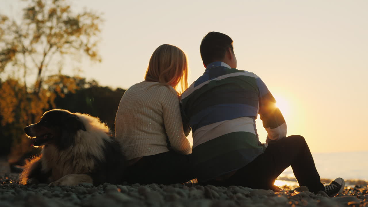 일몰에 젊은 부부와 개