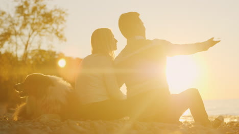 pareja joven y perro al atardecer