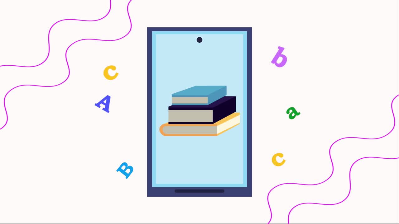 pile text books in smartphone animation