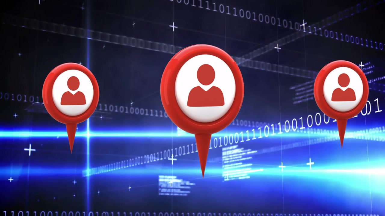 Data plane opening as red map pins drifting, scaling, rotating, brightening code for location focus