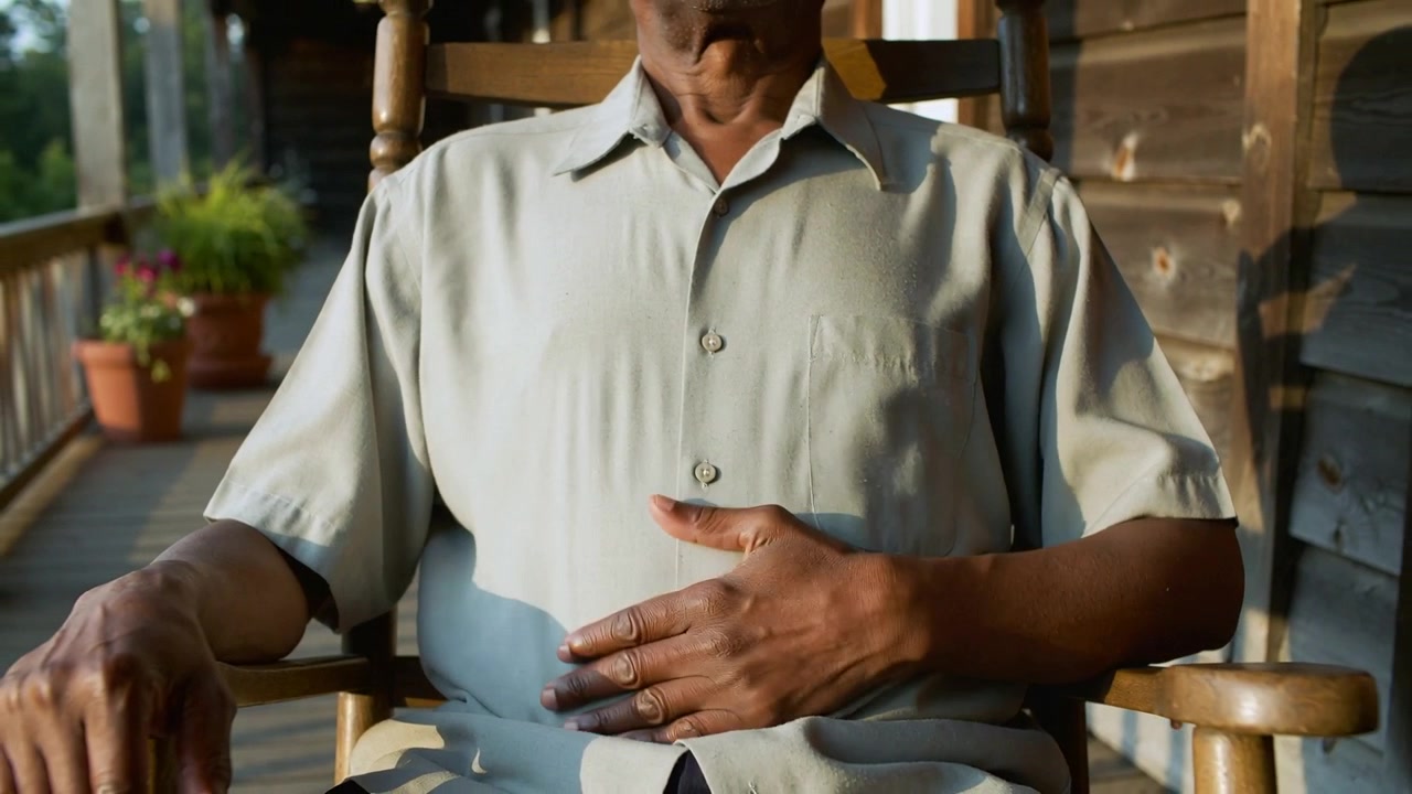 Uomo seduto in camicia, con la luce del sole che filtra, che muove una mano sul petto su una sedia a dondolo da portico, con anelli.