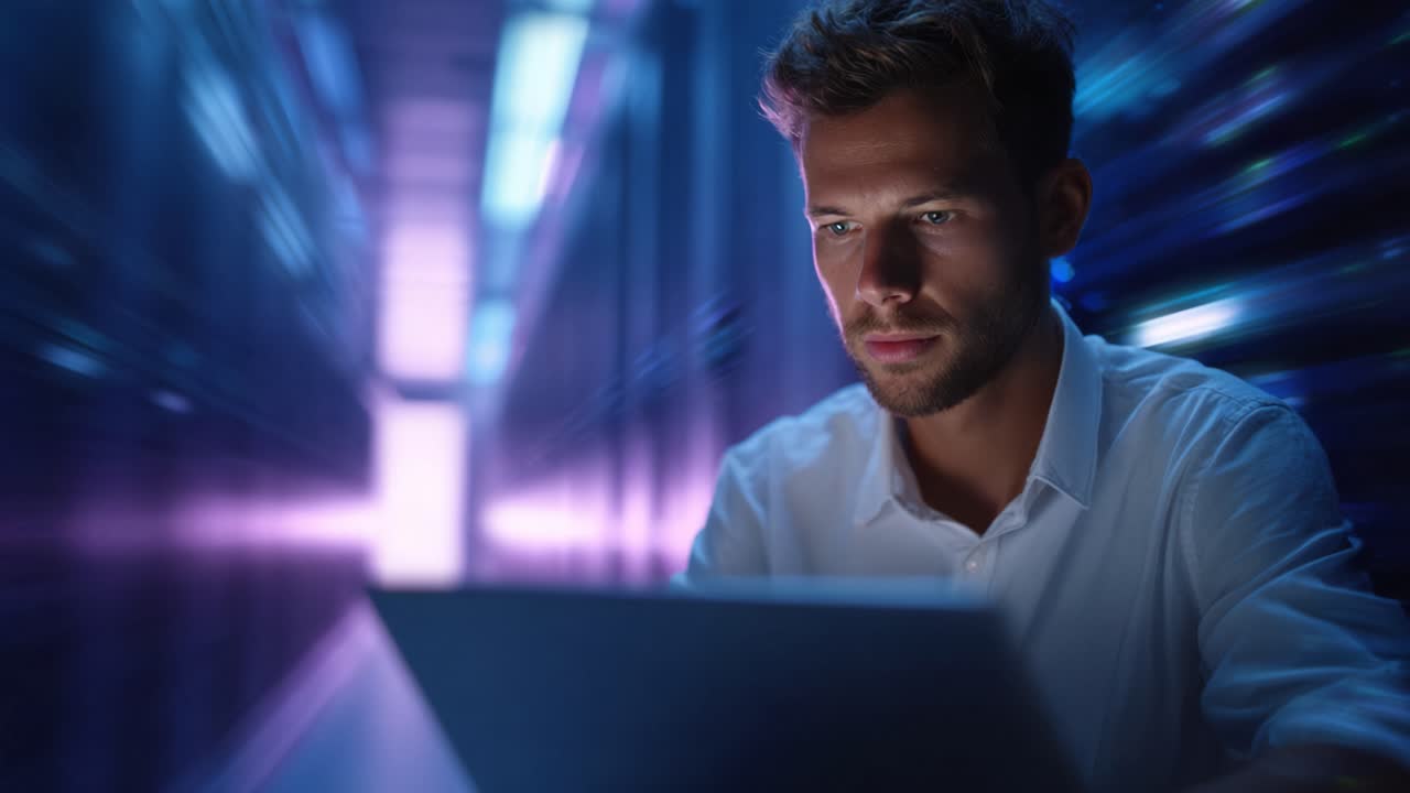Focused Individual Analyzing Data on Laptop in a High-Tech Server Room Lit with Subtle Blue and Purple Lighting, Representing Modern Information Technology and Security