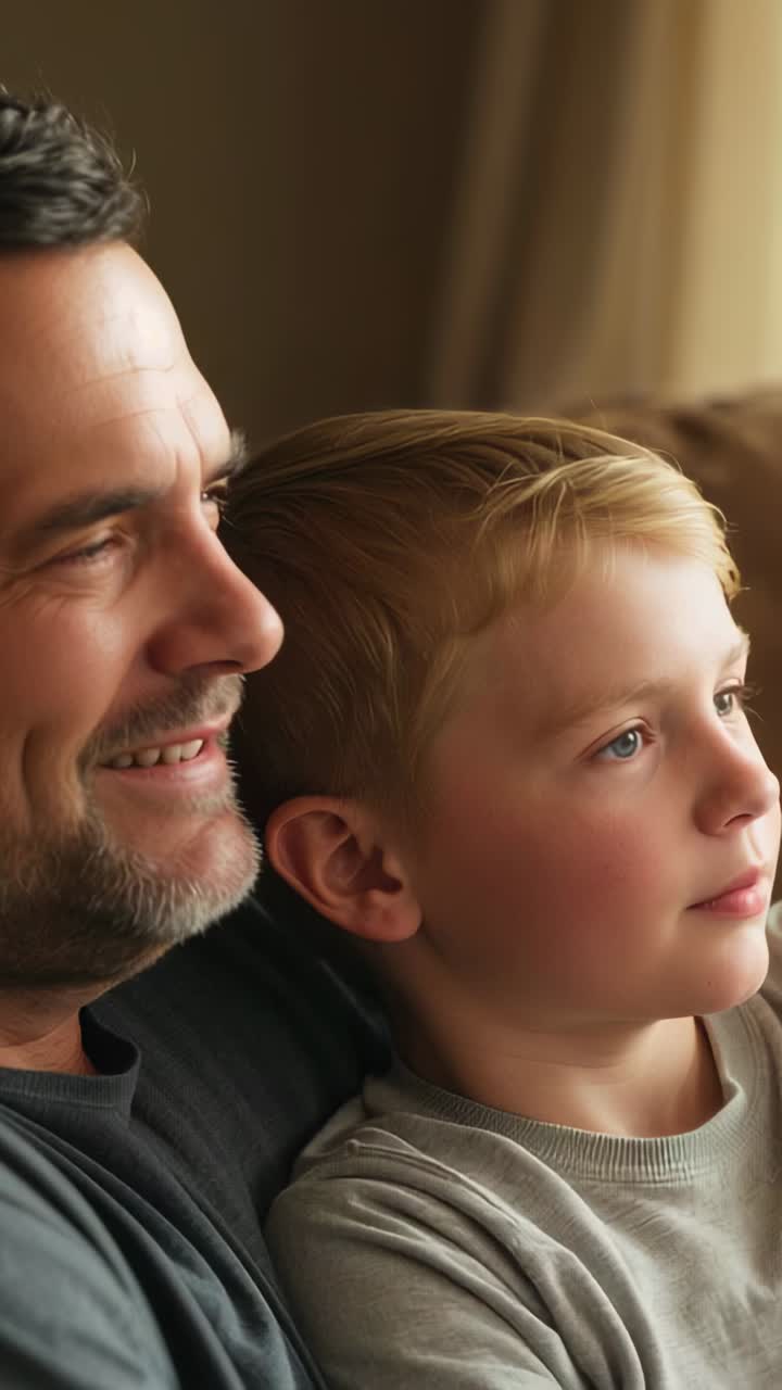 Video verticale: padre e figlio sorridenti in grigio che guardano la TV seduti sul divano di casa, tenda