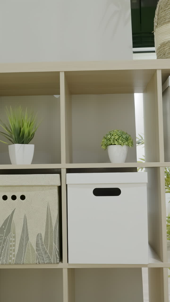 Organized Shelving with Plants and Boxes