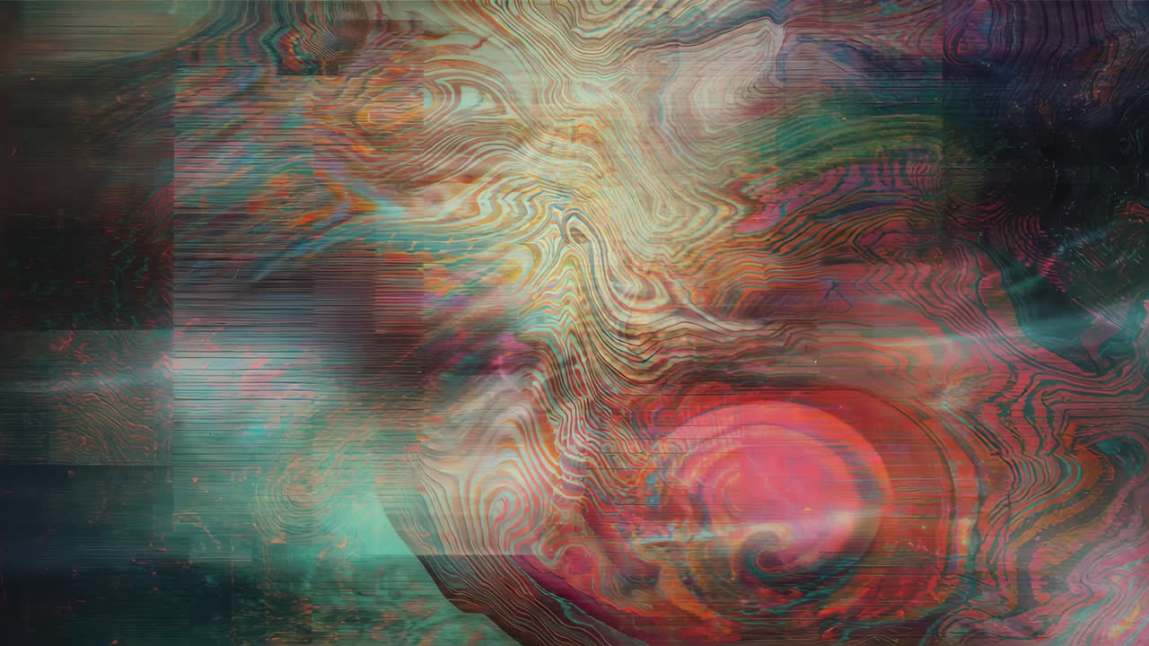 Evolving red-pink swirl, gold crest shifting in digital art as scanline fading, settling into flow