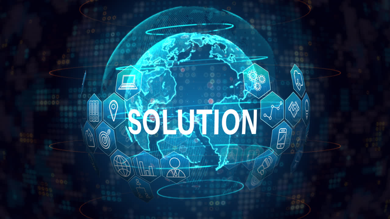 검은색 배경에 지구상의 아이콘과 함께 솔루션 텍스트의 애니메이션