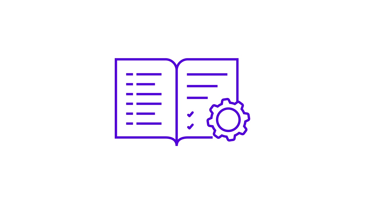 Icono de libro animado con marcas de verificación y símbolo de engranaje