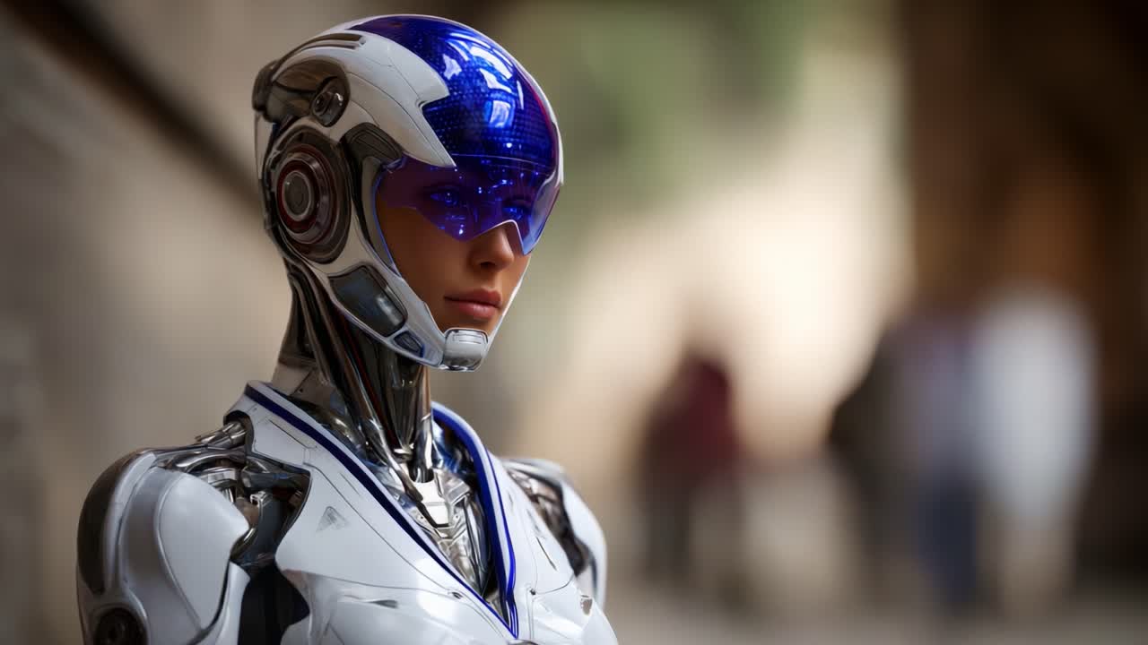A futuristic humanoid robot featuring sleek design and advanced technology, showcasing intricate details, smooth surfaces, and a captivating aesthetic in a blurred background