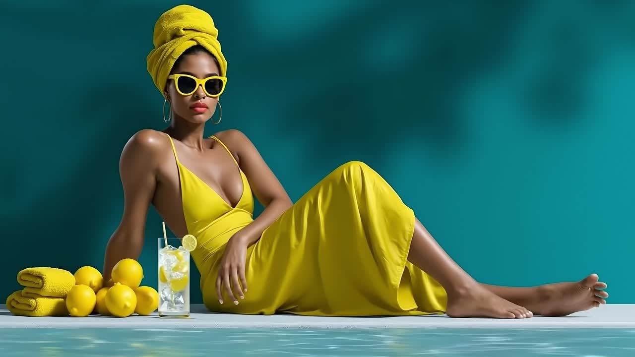 A woman in a yellow dress and sunglasses sitting next to a glass of lemonade