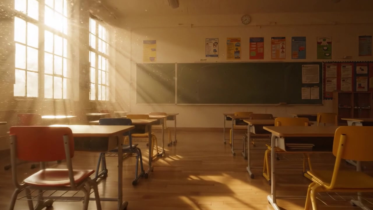 Raggi di sole illuminano un'aula vuota, mettendo in risalto le particelle di polvere nell'aria, evocando un senso di calma e riflessione in un ambiente di apprendimento.
