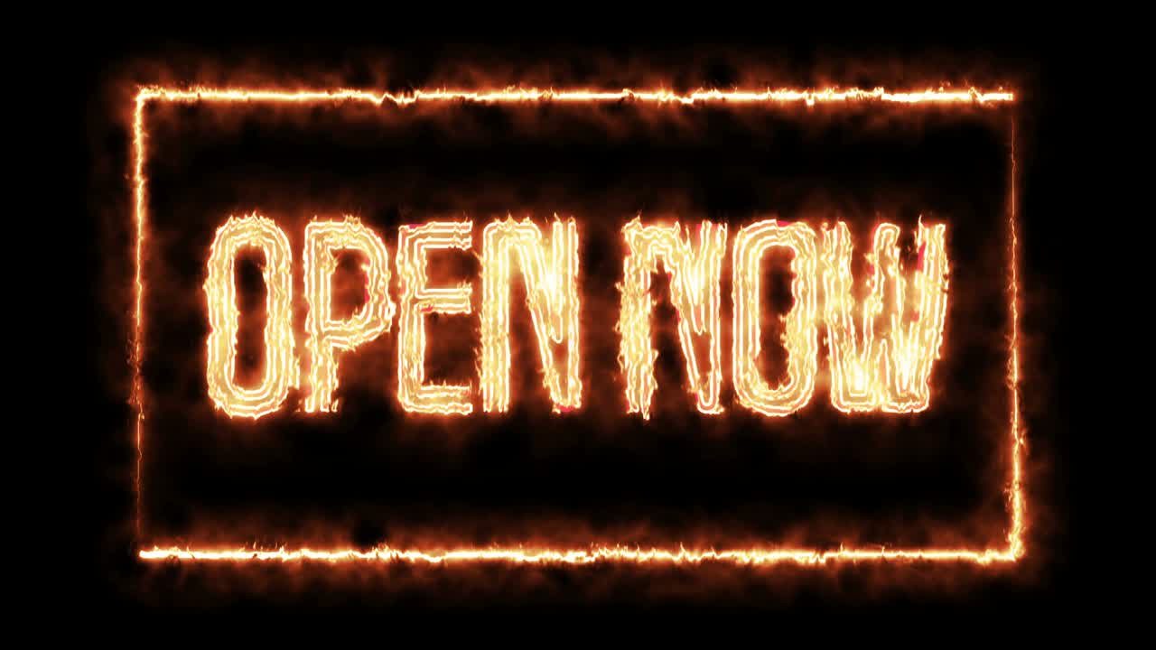 abre ahora - señal de fuego. video 4k. efecto de fuego, fondo negro