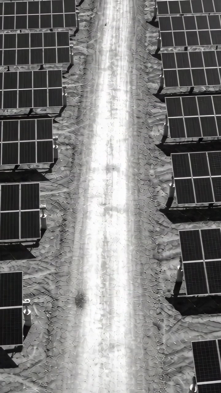 Vertical video: Flying drone filming service road at solar farm, documenting panels, workers in PPE