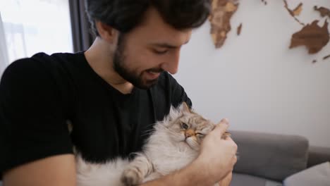 a young man caress his fluffy cat, holds it on arms