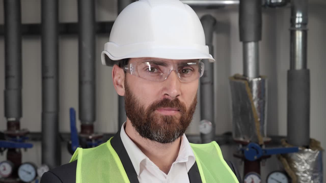 Portrait of Confident Professional Contractor in Hard Hat or Safety Wear or Engineer Worker Wearing Uniform, Glasses in Boiler Room. Male Qualified Specialist Standing Near Water Pipes.