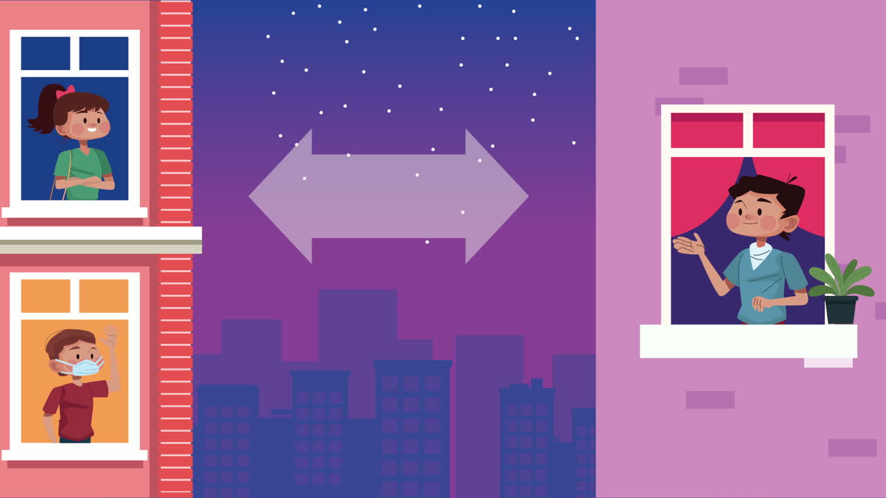 personas que usan máscaras médicas para covid-19 en los balcones de los apartamentos