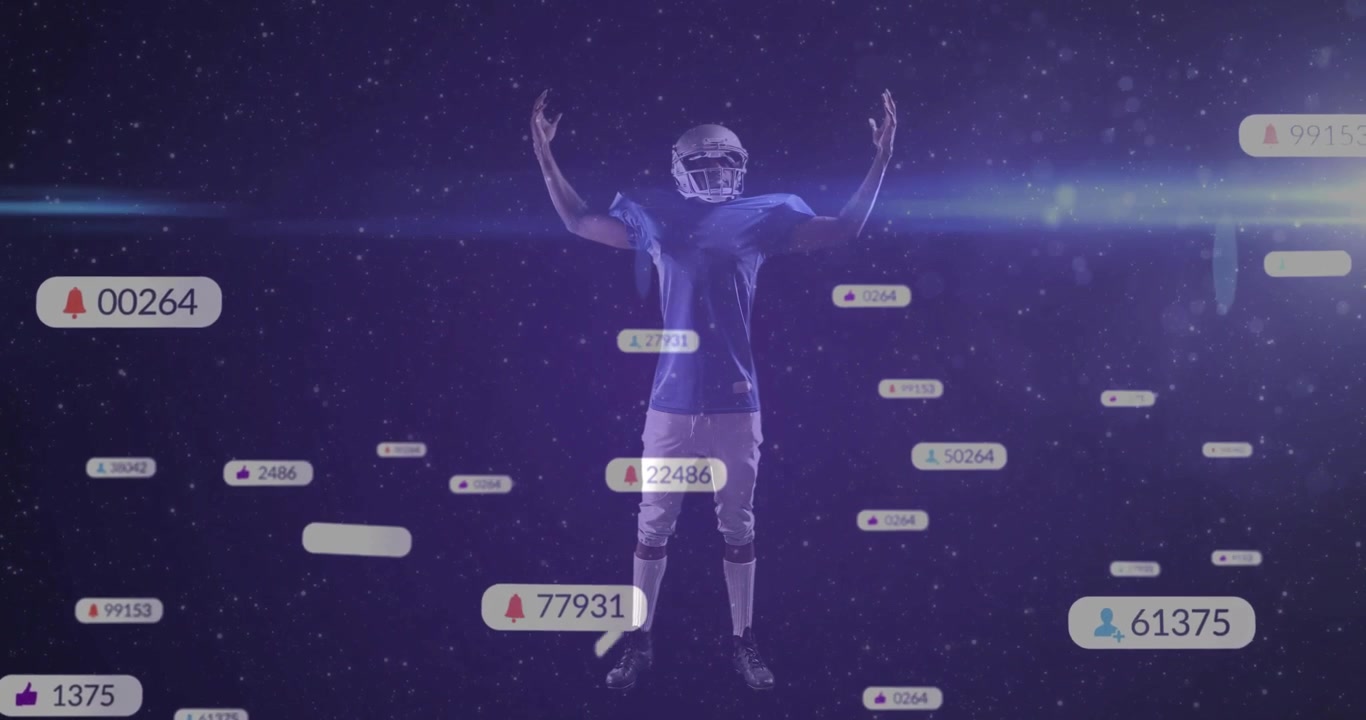 Metric panels drifting around NFL player lifting arms revealing social media metrics in starfield
