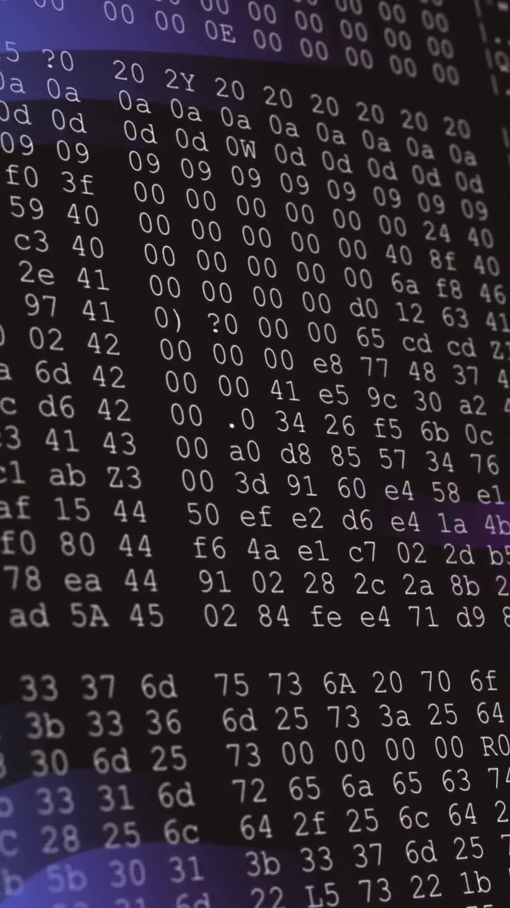 Binary code and data processing animation over digital screen with purple highlights