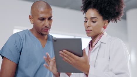 discussion, tablet and doctors talking