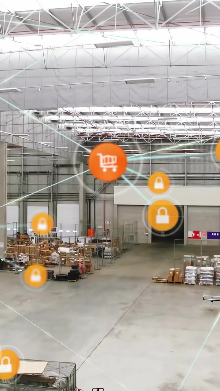 Vertikal video: Indkøbskurv-ikon vises i en lagergang, udsender blå links til låse, der viser logistik.
