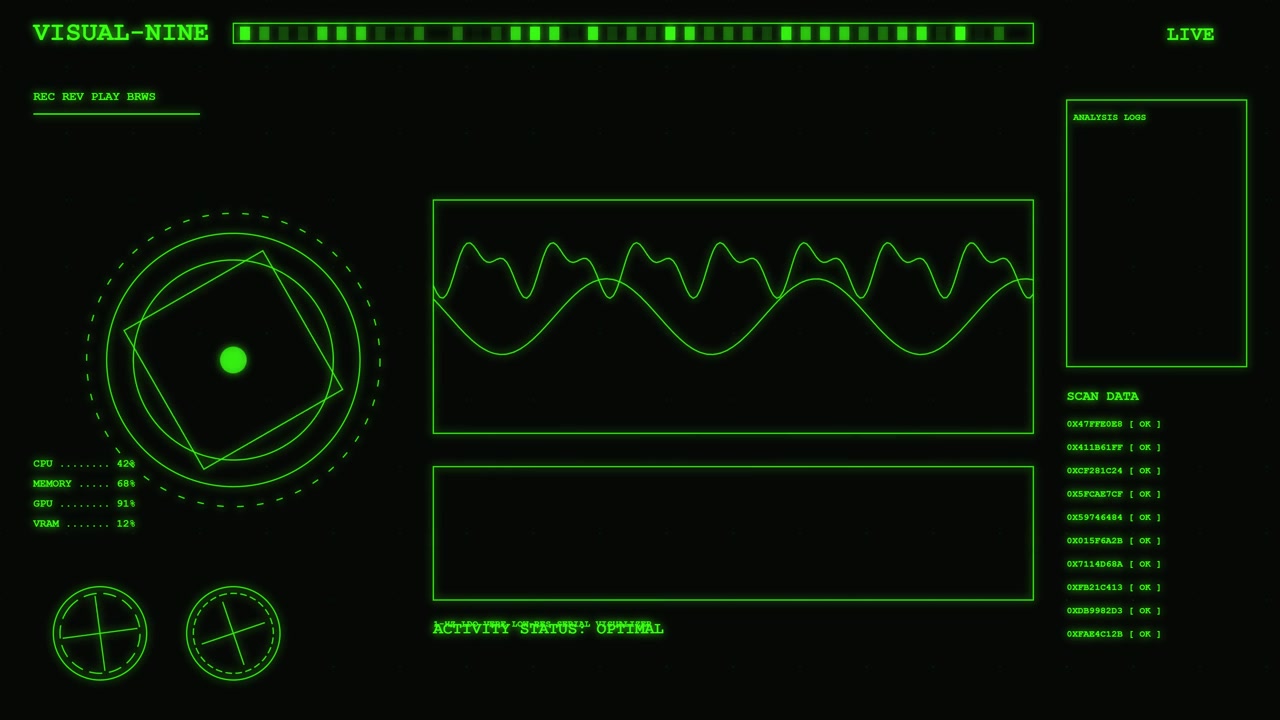 Futuristic Digital Interface Display with Oscilloscope Waveform and System Data