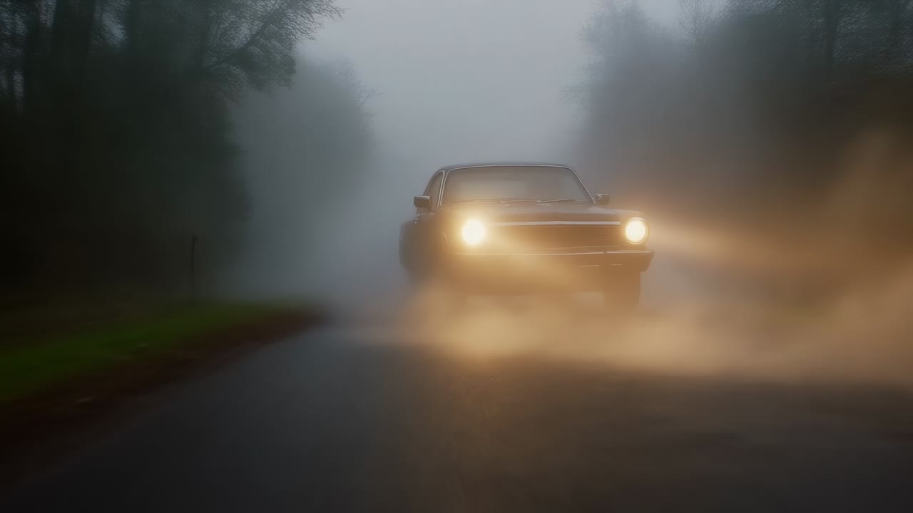 Headlights in fog causing dark sedan approaching, passing camera on wooded wet road, spraying water