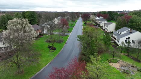 Luftaufnahme-Einer-Malerischen-Straße-In-Einem-Farbenfrohen-Vorort-Wohngebiet-Nach-Regen-Im-Frühling