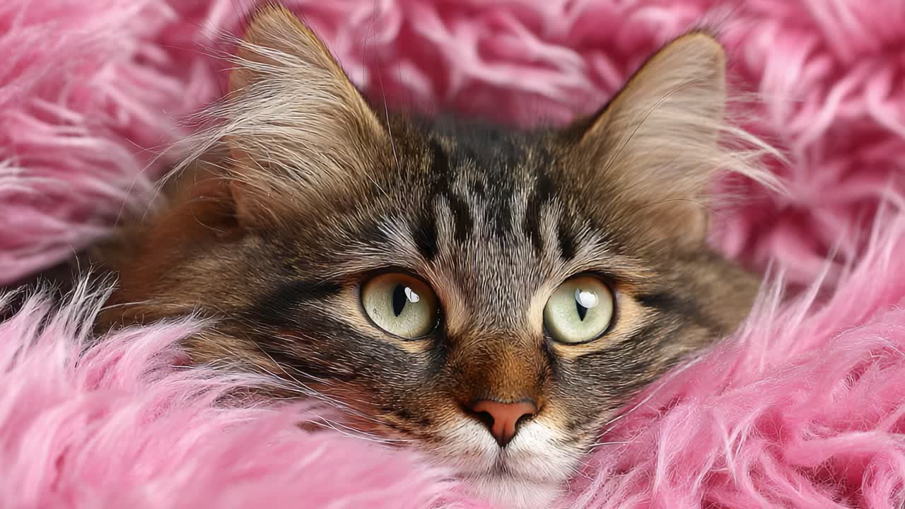 Pendamping kucing yang menawan dan santai berbaring di bulu merah muda lembut, memikat dengan mata ekspresif dan tatapan termenung, menawarkan momen ketenangan menggemaskan yang murni