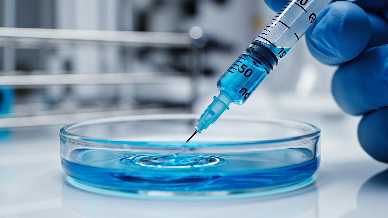 Scienziato che inietta liquido blu in una capsula di Petri per la ricerca.