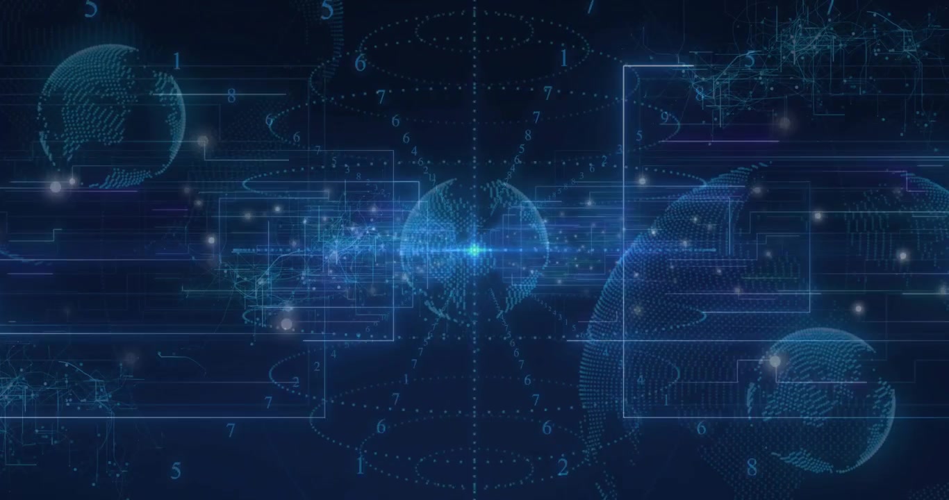 Left particle band entering frame activating central hologram globe, rings expanding, showing data