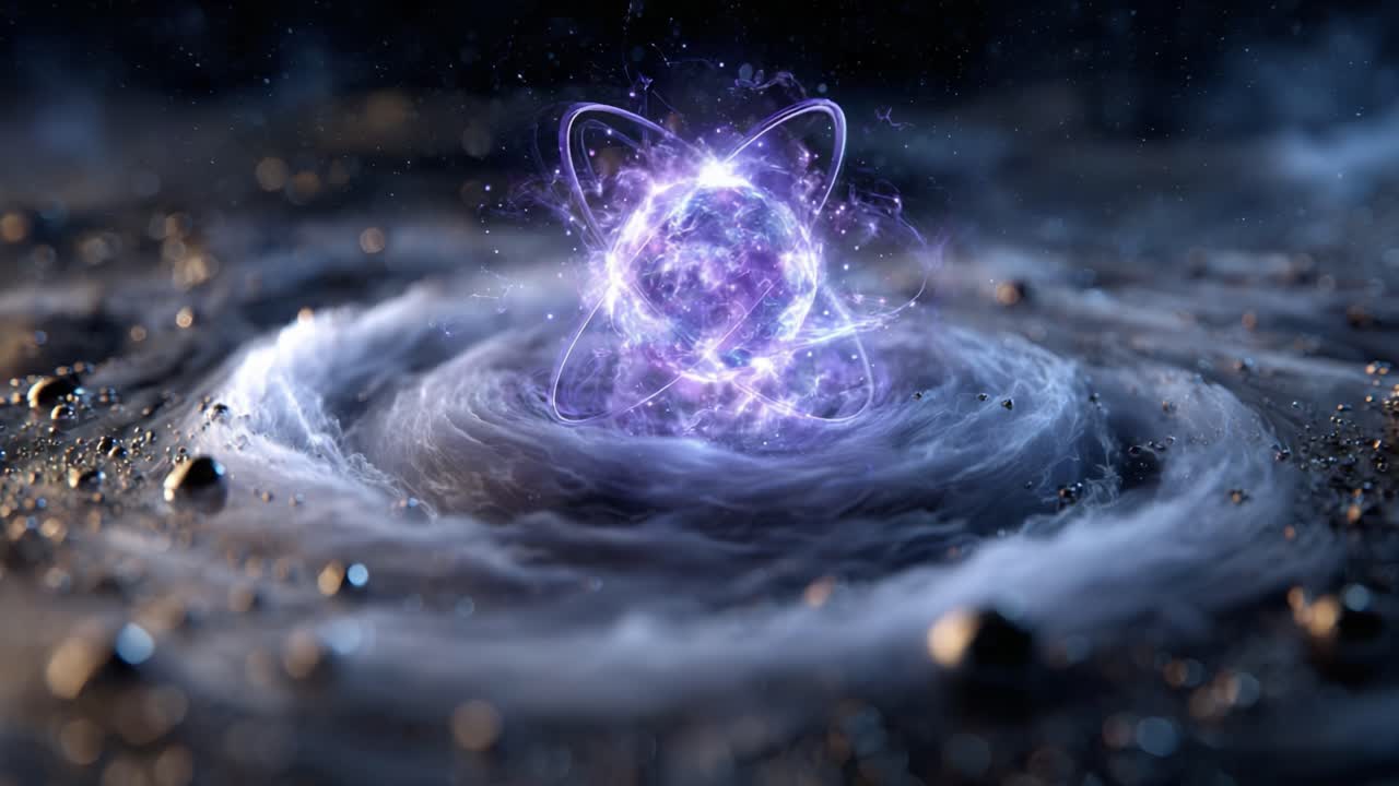 An Enigmatic Cosmic Vortex Surrounds a Radiant Atom, Capturing the Beauty of Energy, Matter, and the Infinite Mysteries of the Universe