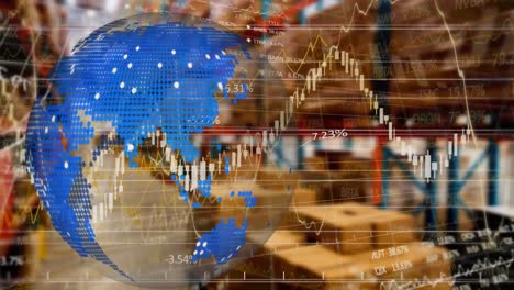 animación del globo y procesamiento de datos financieros sobre el almacén