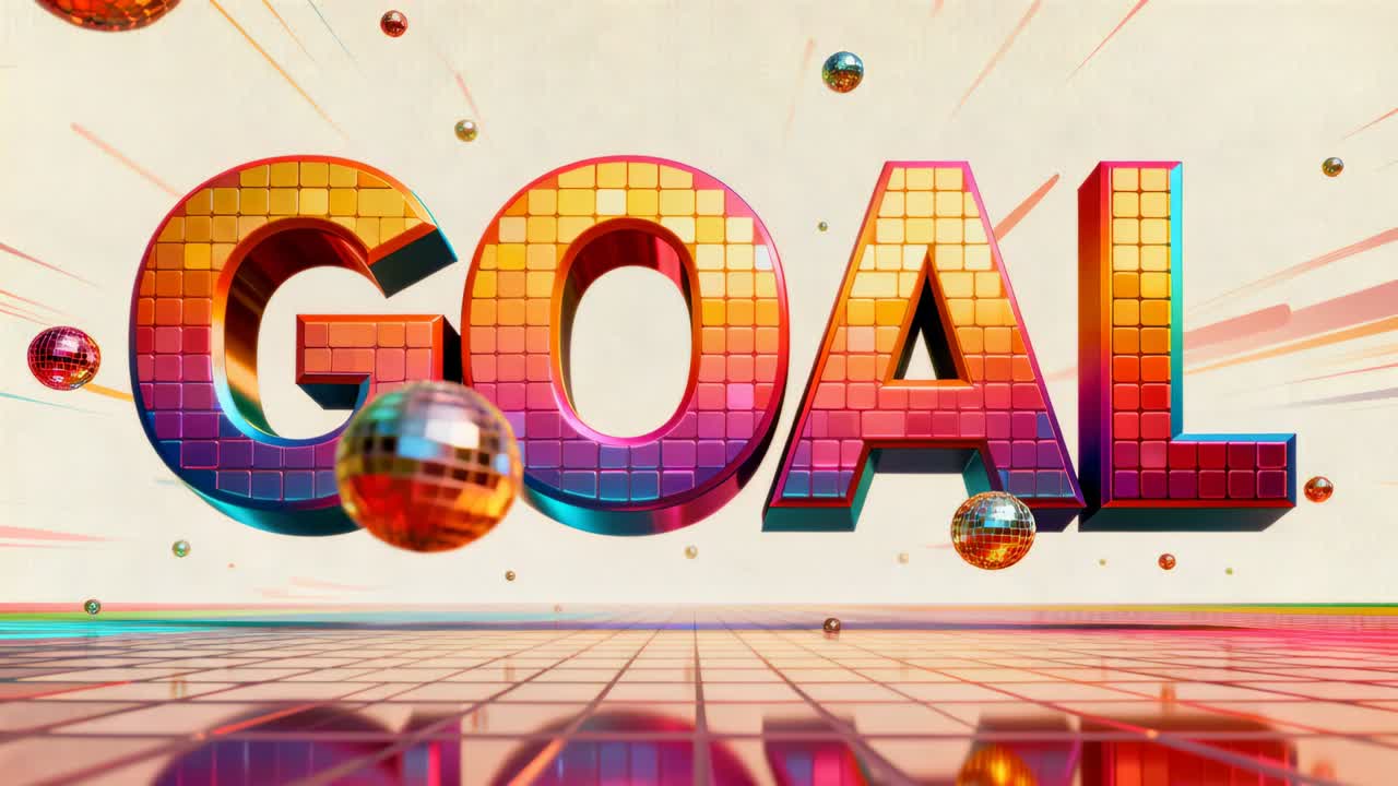 Camera moving closer revealing tiled GOAL letters celebrating in studio, with floating disco balls