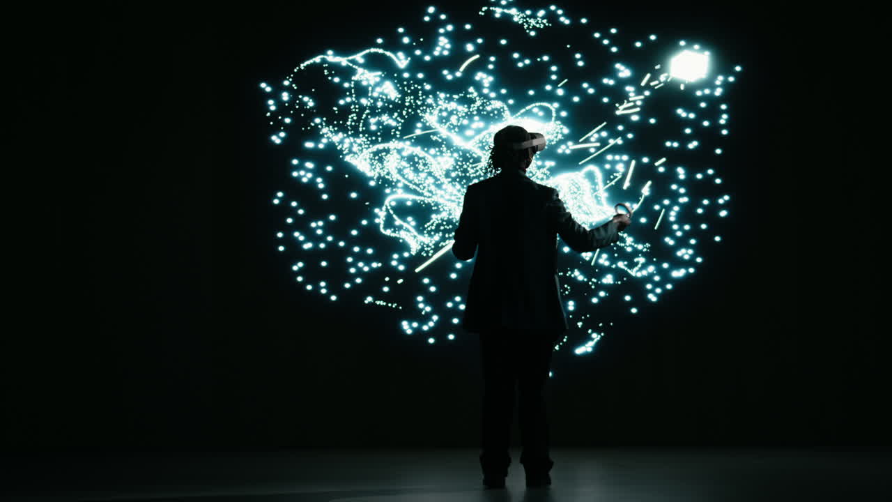 Pessoa com Headset VR e Visualização de Dados Digitais Luminosa