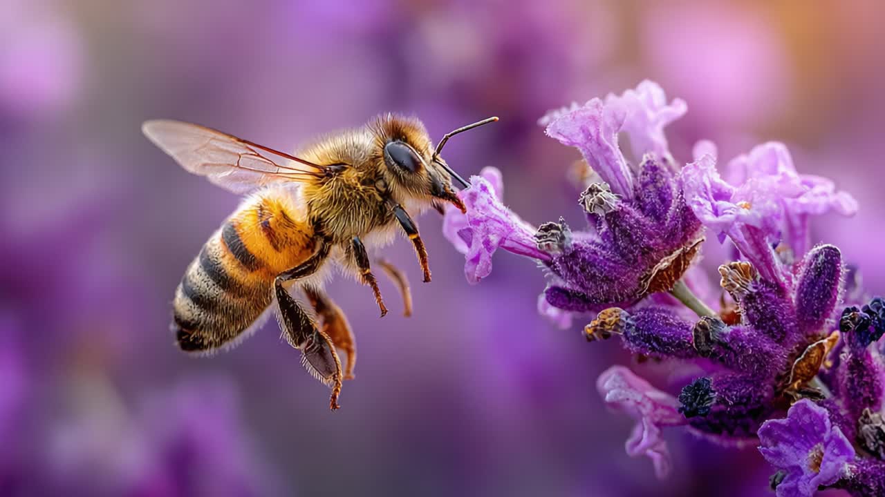 A Close-Up View of a Bee Collecting Nectar from Vibrant Purple Flowers, Showcasing Nature's Beautiful Pollination Process in a Colorful Setting