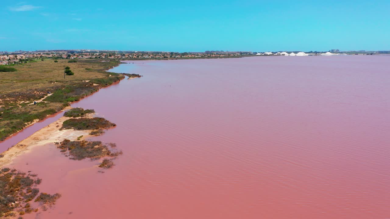 Havadan görünüm. Pembe renkli tuzlu deniz suyu buharlaştırma havuzları.