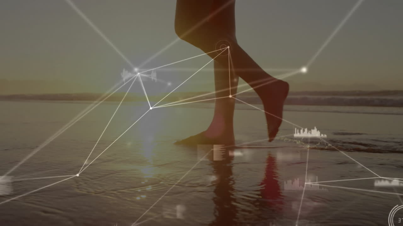 Network of connections and data processing animation over person walking on beach