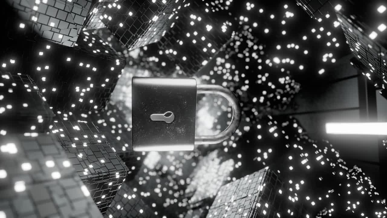 padlock floating among glowing digital cubes and white data grid blocks. 3D rendering. Cybersecurity and data protection concept. Design for banner, poster, wallpaper, and header. vertical
