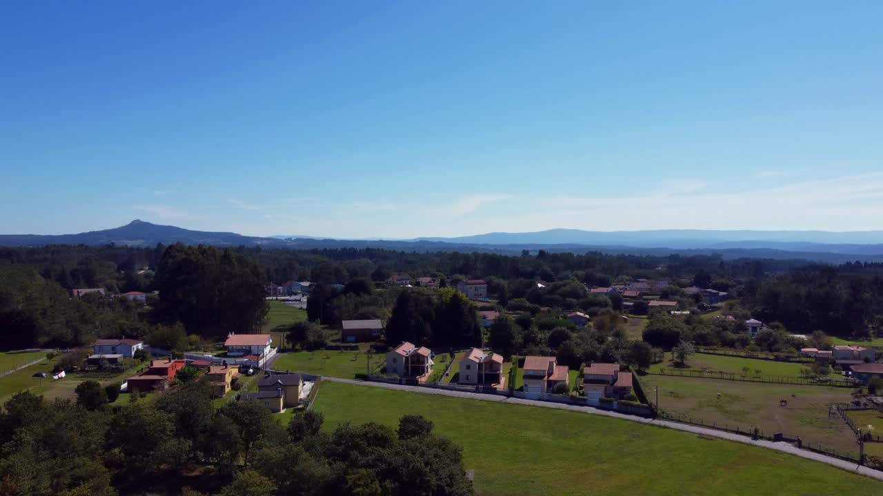 Taking of panorama from behind, with pico sacro of compostela, Discover Galicia's Agroforestry Stock Footage in 4K Resolution