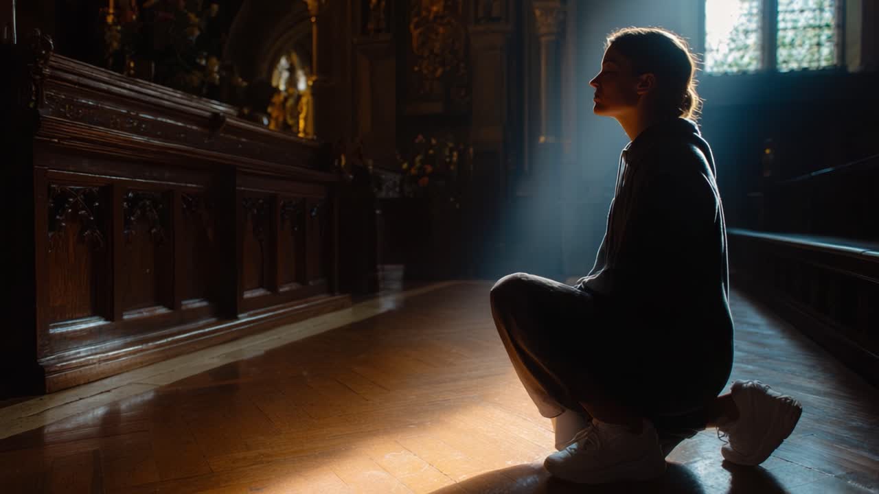 Momento contemplativo: una persona in uno spazio scarsamente illuminato riflette in solitudine, illuminata da delicati raggi di luce in un'atmosfera serena