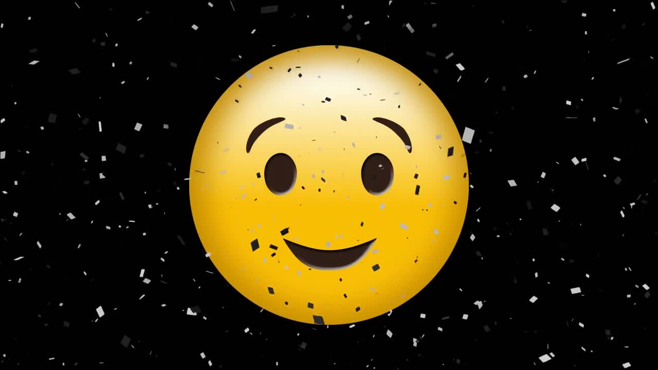 Digital animation of confetti falling over winking face emoji against black background
