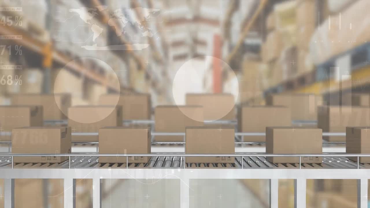 창고의 컨베이어 벨트에 있는 상자 위의 데이터 처리 애니메이션