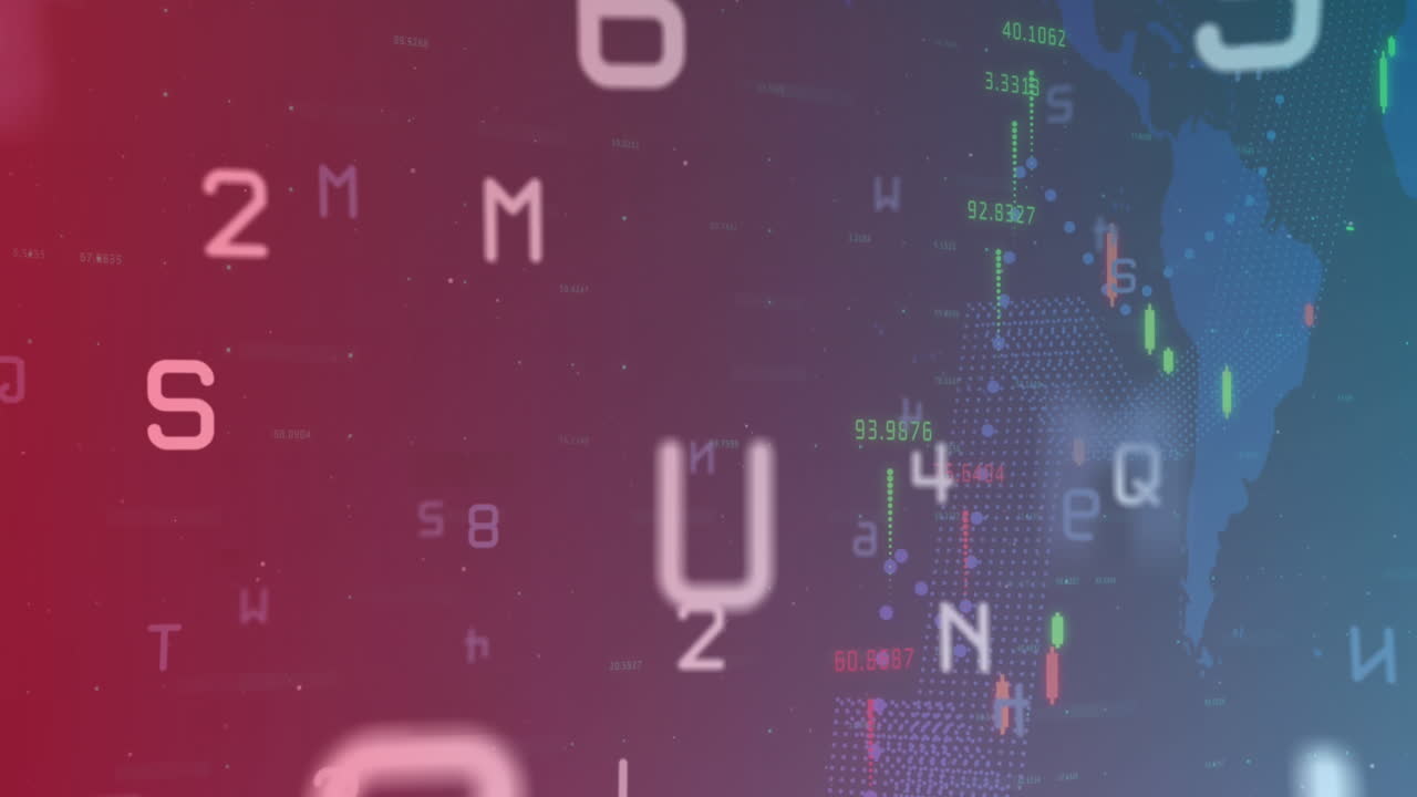 Animazione di numeri e lettere che cambiano con elaborazione di dati finanziari su sfondo sfumato