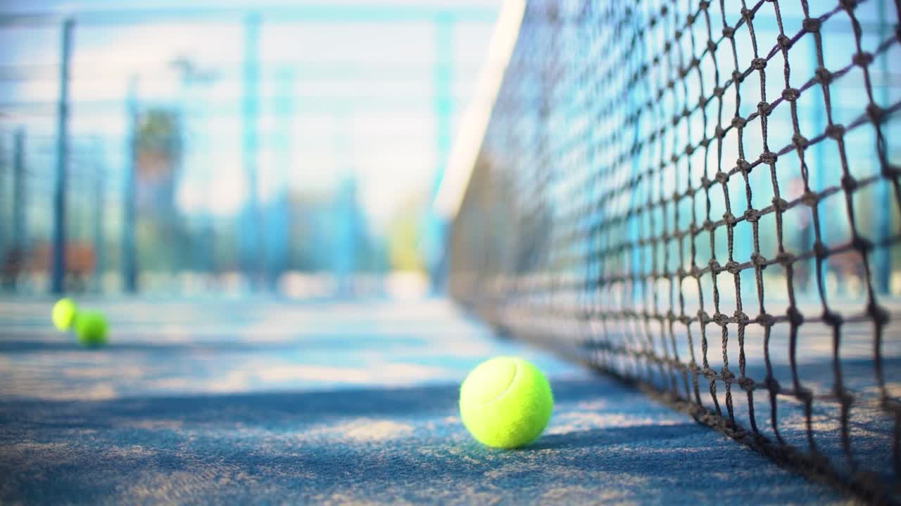 Padel court, ball, net and empty field close-up view in slow motion with depth of field