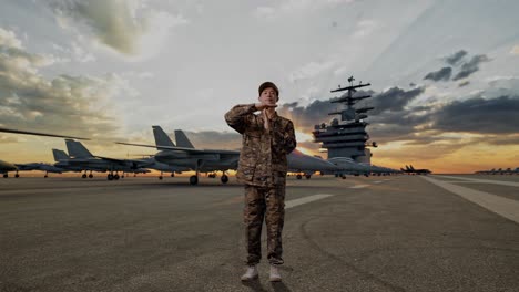 full body of asian man soldier looking at camera and showing time out hands gesture while standing on aircraft carrier