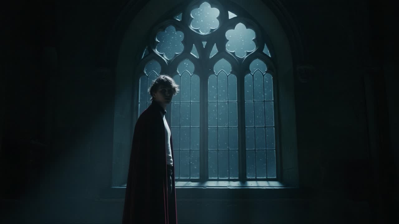 A solitary figure stands dramatically in a dimly lit room, gazing through a grand, Gothic window, enveloped in an aura of mystery and intrigue, with soft light illuminating the scene