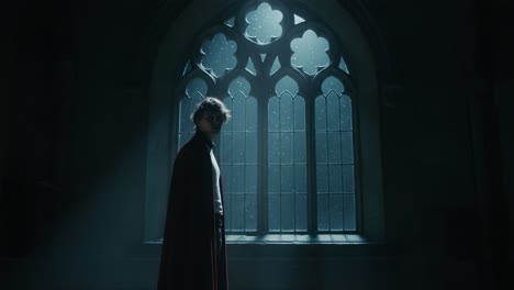 a solitary figure stands dramatically in a dimly lit room, gazing through a grand, gothic window, enveloped in an aura of mystery and intrigue, with soft light illuminating the scene
