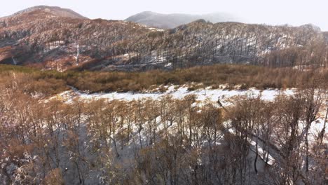 Aerial-shot-of-snowy-mountain-road