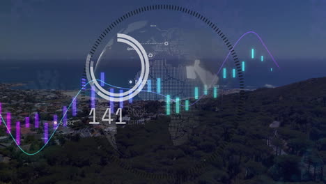 Animación-De-Gráficos-Y-Anillo-De-Procesamiento-De-Datos-Sobre-El-Globo-Y-La-Costa-Por-La-Noche