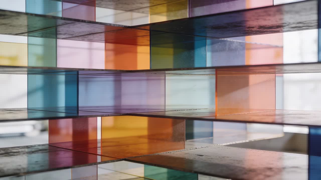 Shifting camera right and closer in studio, stacked translucent blocks revealing detail from window