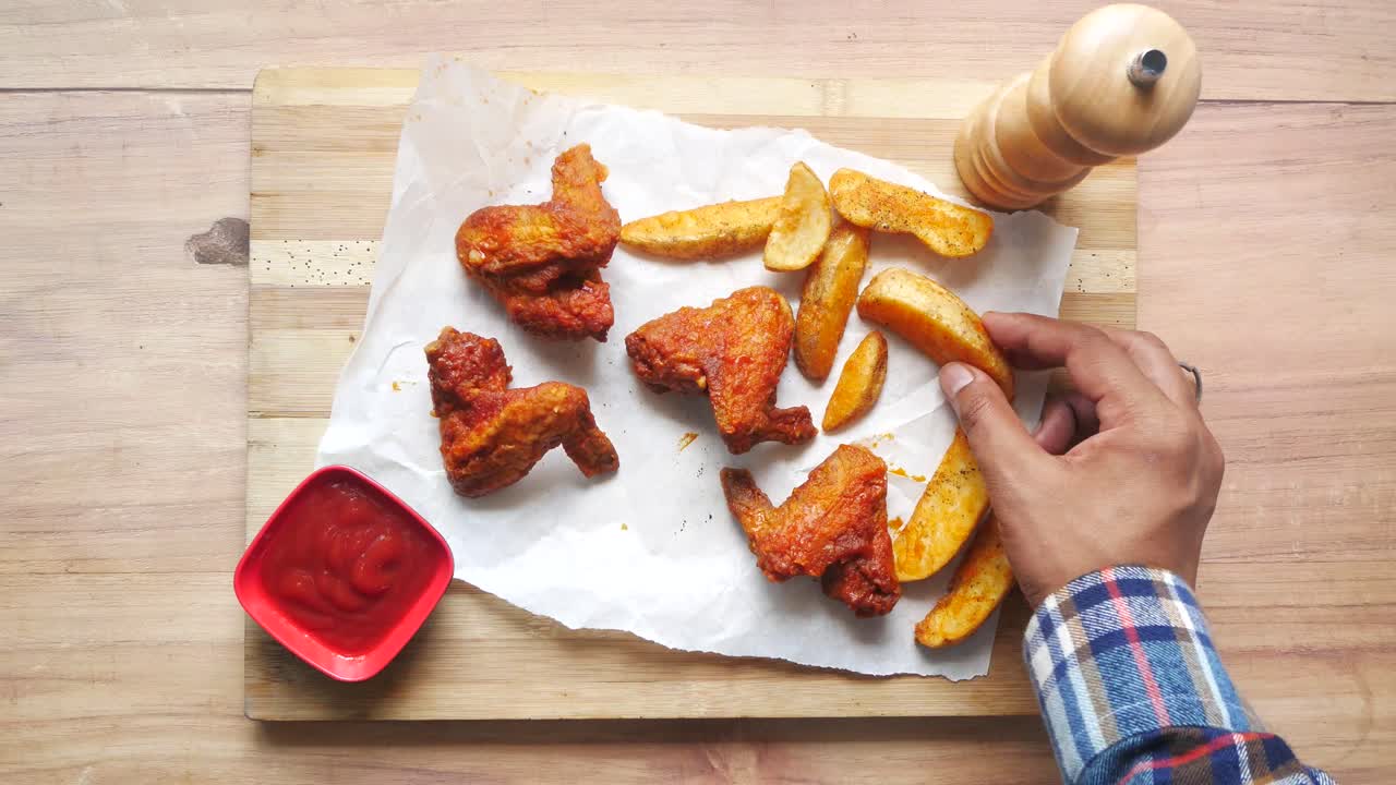 pollo frito y cuñas de patata